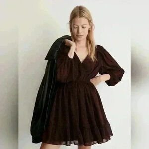 NWT Madewell Georgette Faux Wrap Mini Maroon Black Long Sleeve Dress. Size S